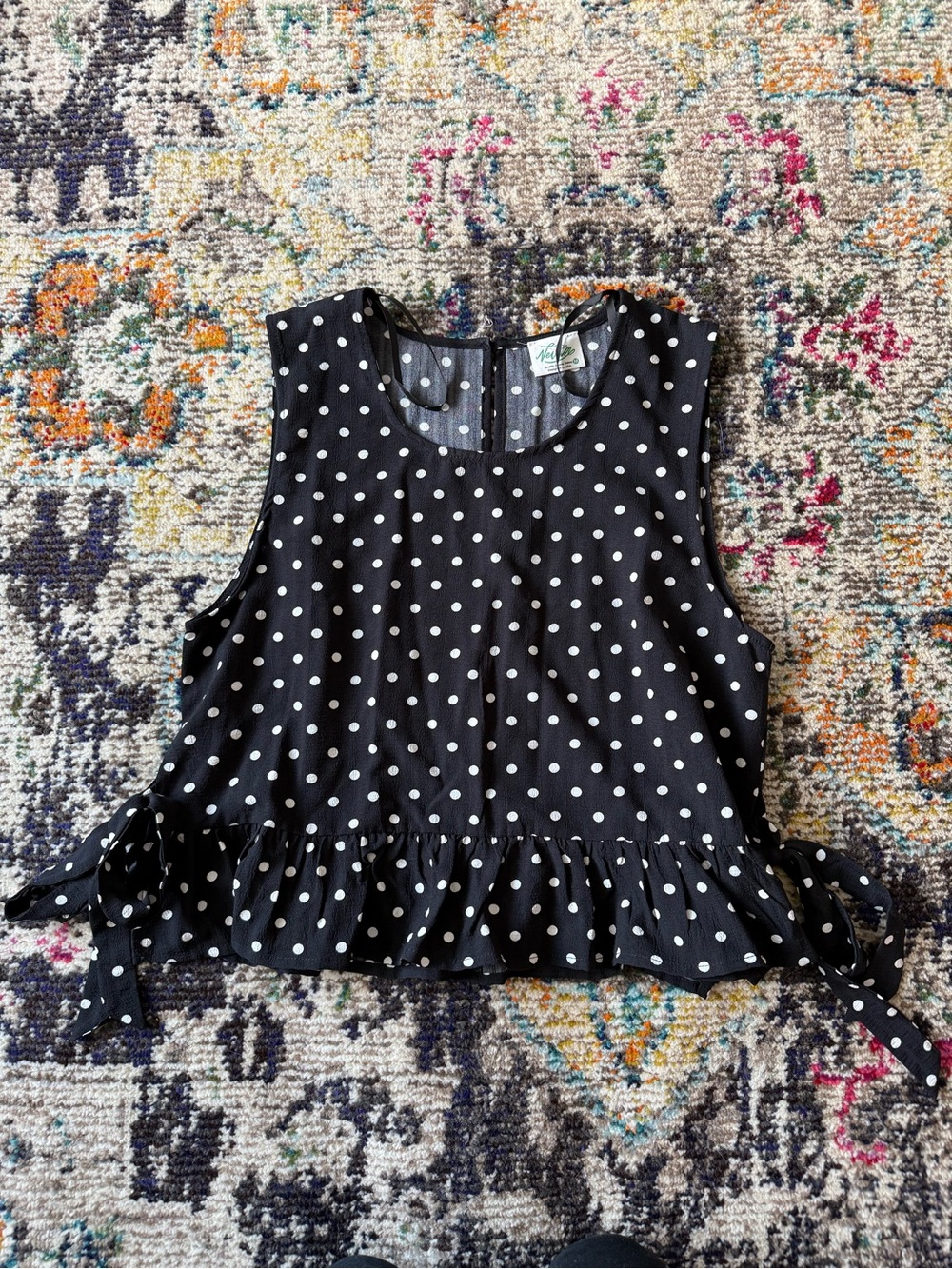 NWOT Polka Dot Ruffle Hem Sleeveless Top - Black